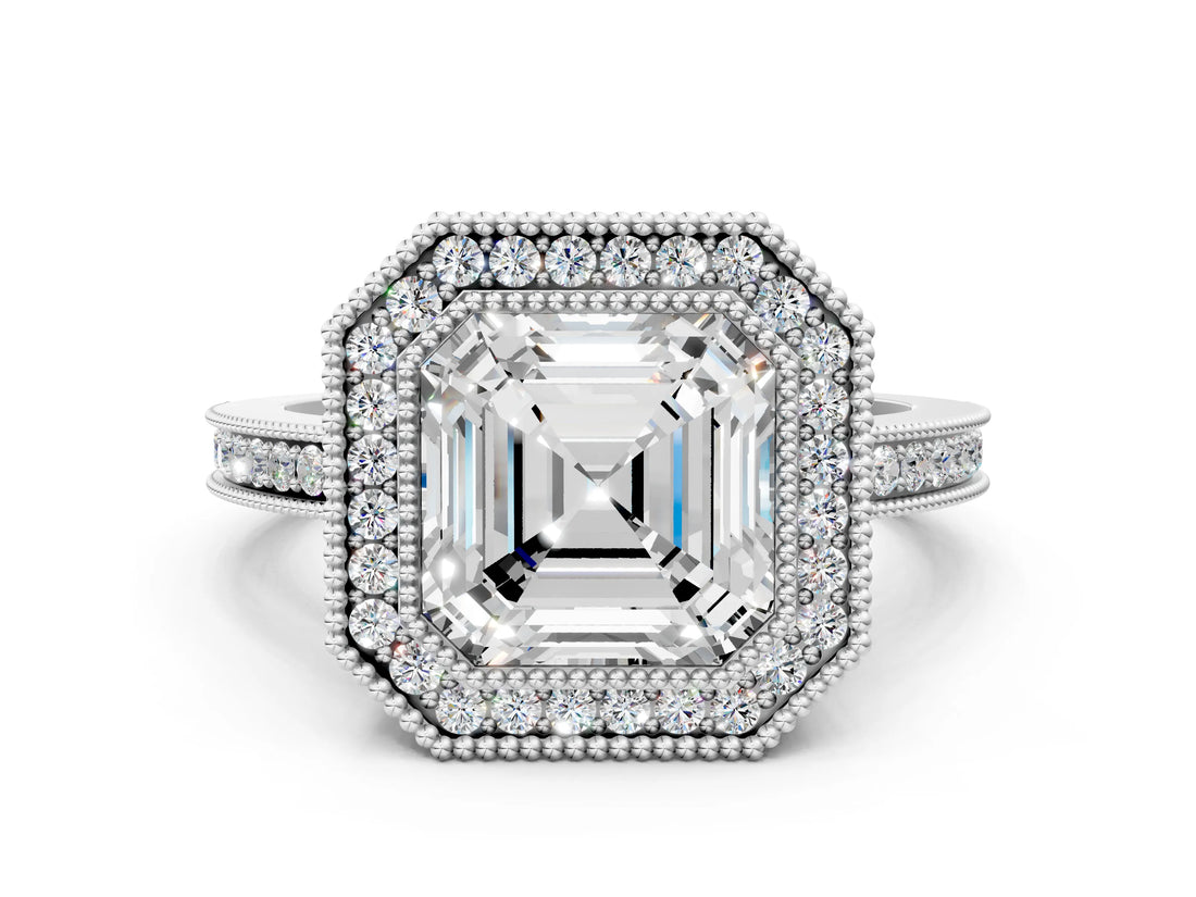 White gold Asscher Cut Halo Diamond Ring with Pavé Band and Milgrain Prong Setting_49