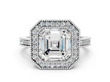 White gold Asscher Cut Halo Diamond Ring with Pavé Band and Milgrain Prong Setting_49