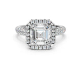 White gold Asscher Cut Halo Diamond Ring with Pavé Band_257