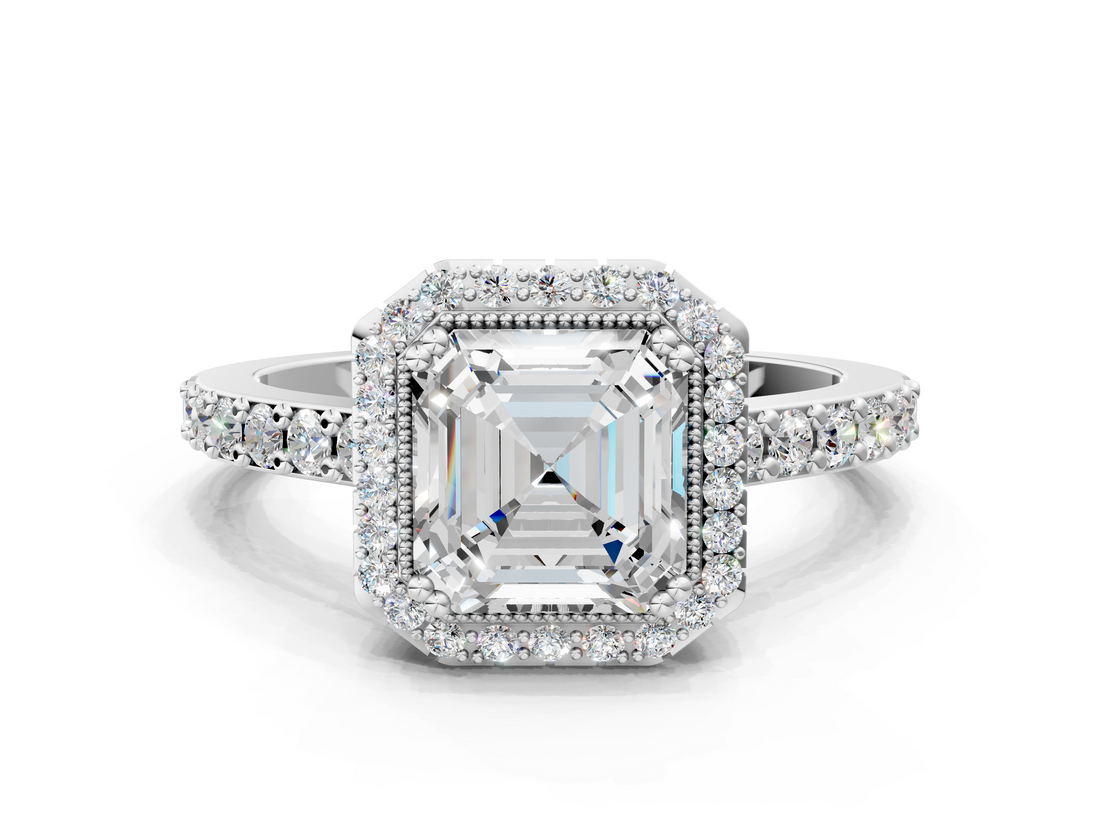 White gold Asscher Cut Halo Diamond Ring with Pave Band and Four-Prong Setting_23