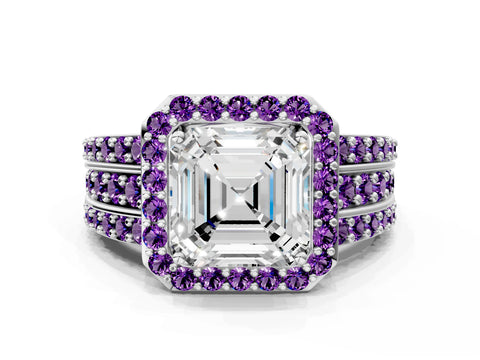 White gold Asscher Cut Halo Diamond Ring with Round with Amethyst side stone Split Shank and Prong Setting_24