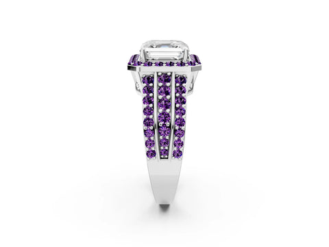 White gold Asscher Cut Halo Diamond Ring with Round with Amethyst side stone Split Shank and Prong Setting_26