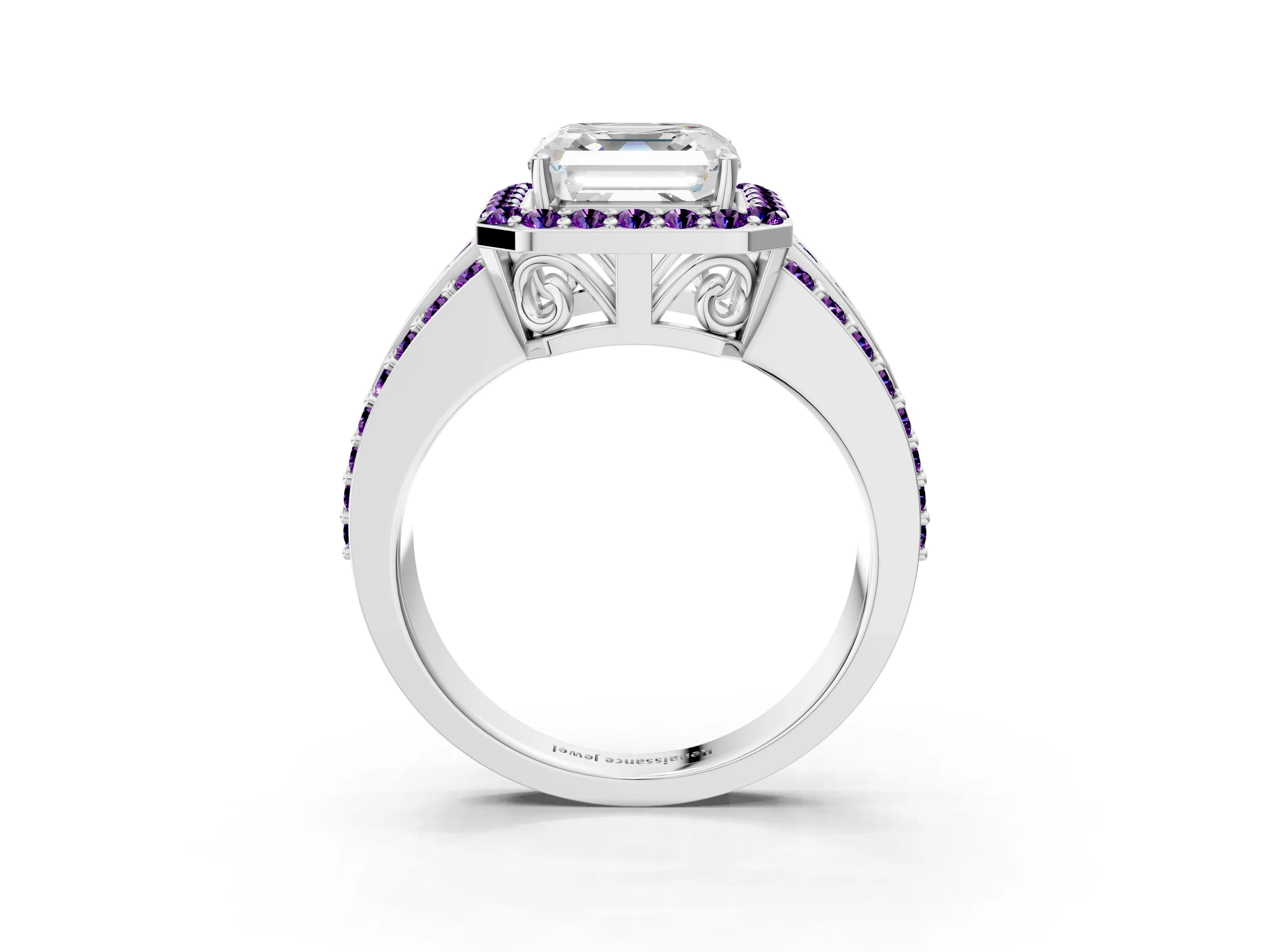 White gold Asscher Cut Halo Diamond Ring with Round with Amethyst side stone Split Shank and Prong Setting_27