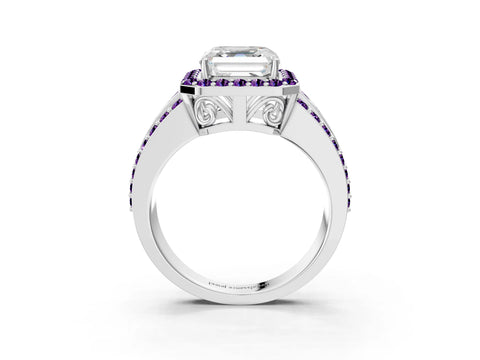 White gold Asscher Cut Halo Diamond Ring with Round with Amethyst side stone Split Shank and Prong Setting_27