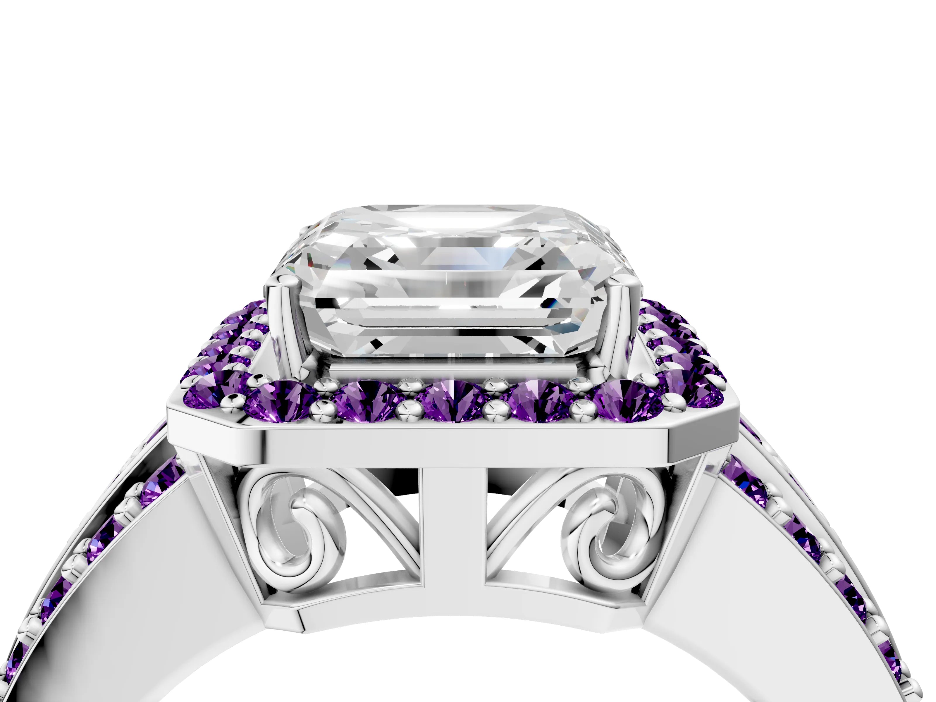 White gold Asscher Cut Halo Diamond Ring with Round with Amethyst side stone Split Shank and Prong Setting_28