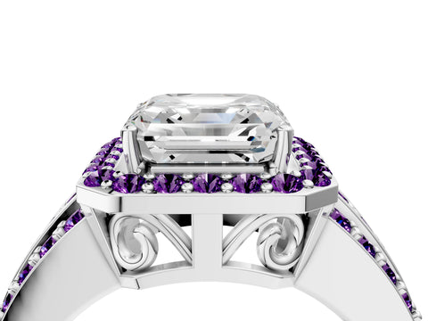 White gold Asscher Cut Halo Diamond Ring with Round with Amethyst side stone Split Shank and Prong Setting_28