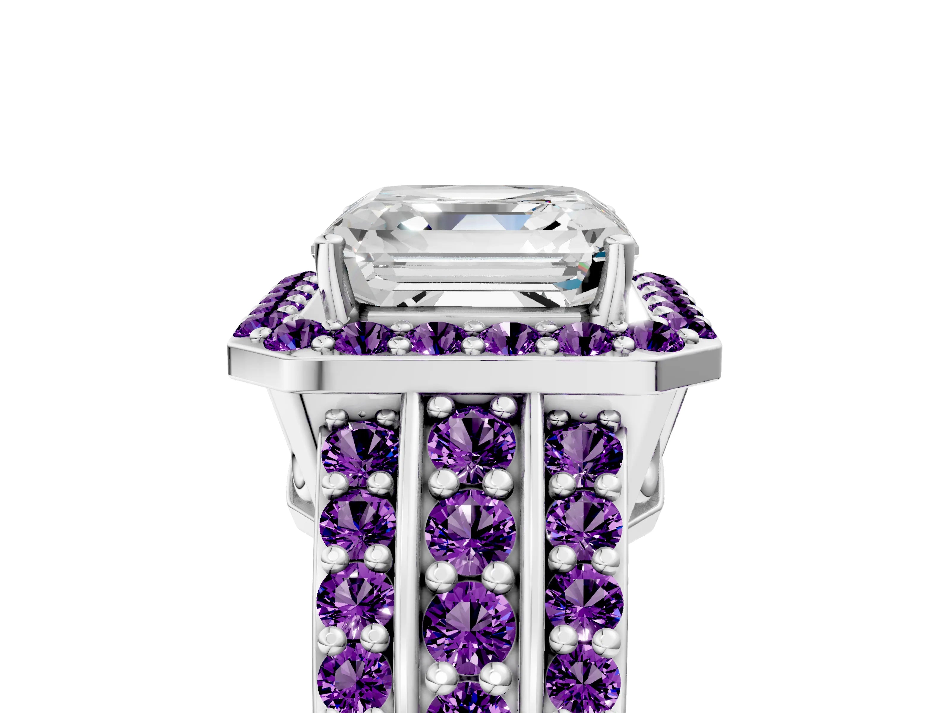 White gold Asscher Cut Halo Diamond Ring with Round with Amethyst side stone Split Shank and Prong Setting_29
