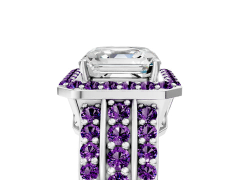 White gold Asscher Cut Halo Diamond Ring with Round with Amethyst side stone Split Shank and Prong Setting_29