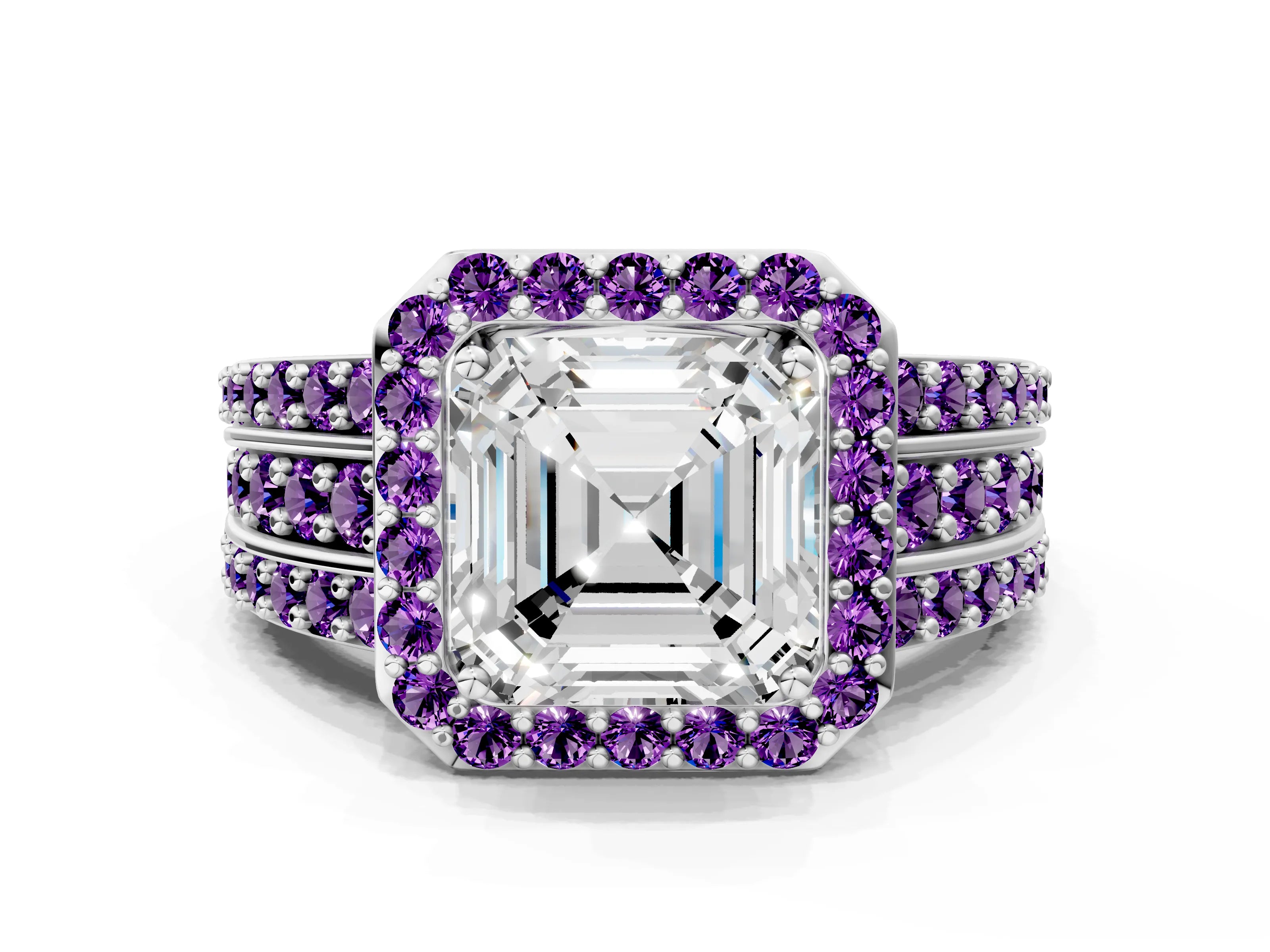 White gold Asscher Cut Halo Diamond Ring with Round with Amethyst side stone Split Shank and Prong Setting_36