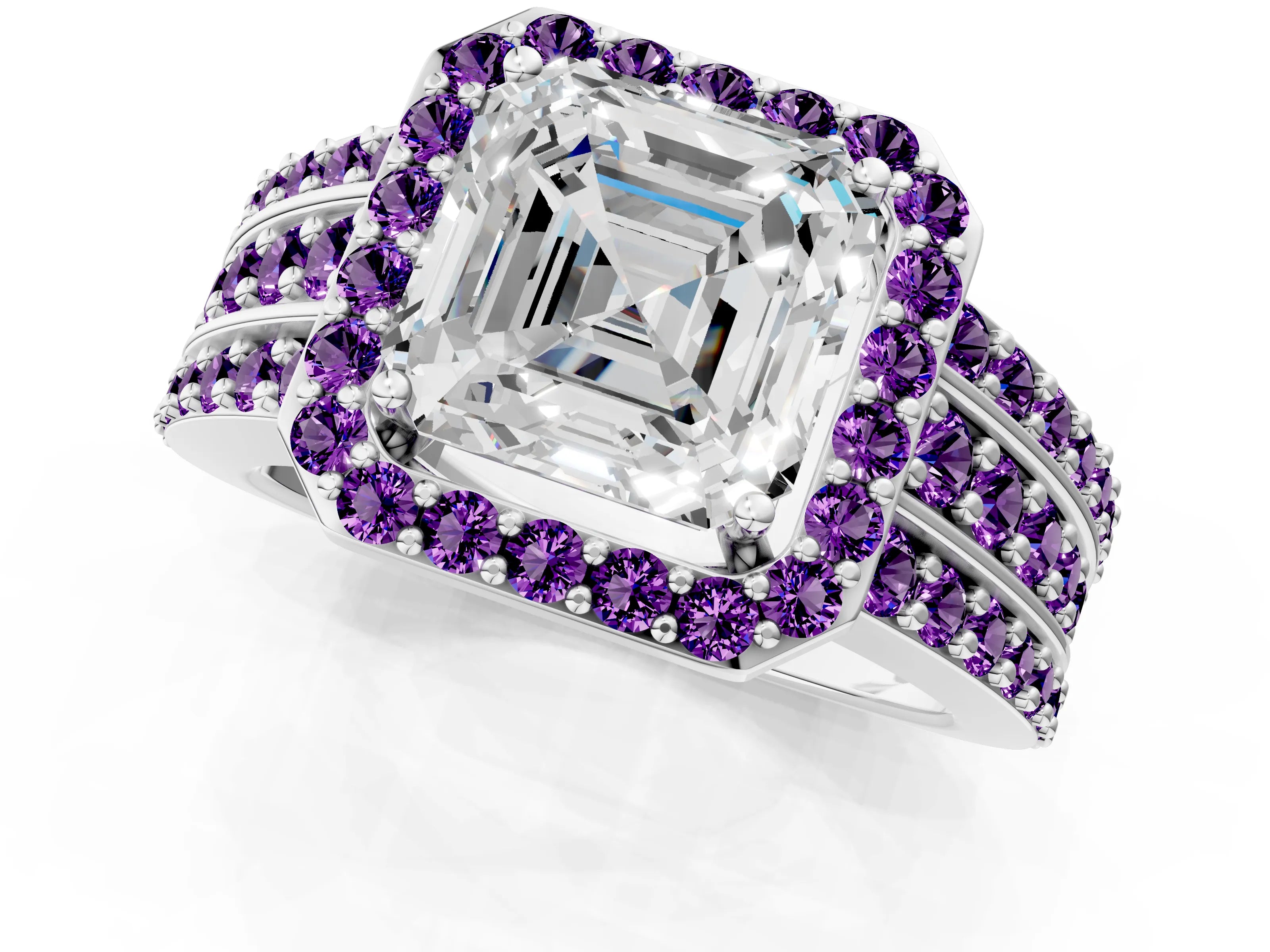 White gold Asscher Cut Halo Diamond Ring with Round with Amethyst side stone Split Shank and Prong Setting_37