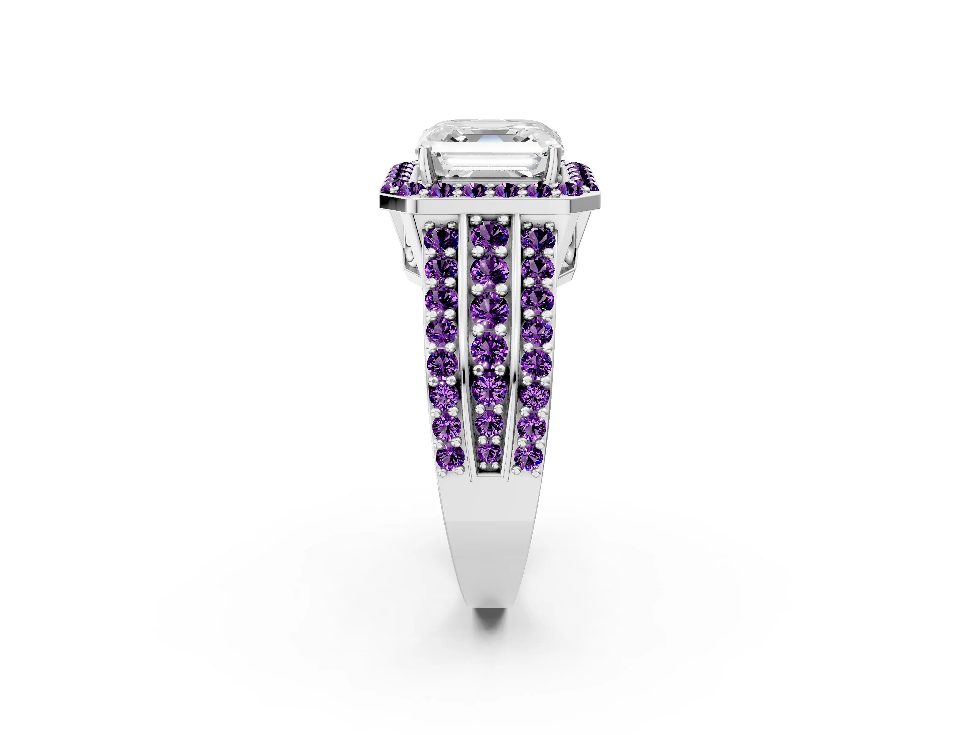 White gold Asscher Cut Halo Diamond Ring with Round with Amethyst side stone Split Shank and Prong Setting_38