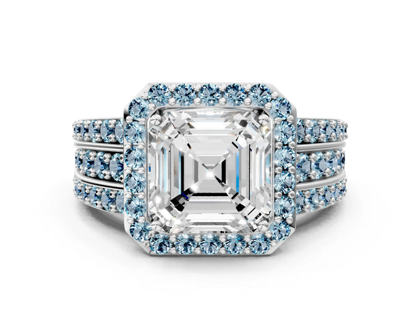 Platinum Asscher Cut Halo Engagement Ring Setting with Aquamarine Three Row Pave Band