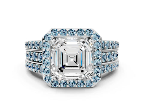 White gold Asscher Cut Halo Diamond Ring with Round with Aquamarine side stone Split Shank and Prong Setting_24