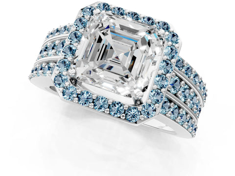White gold Asscher Cut Halo Diamond Ring with Round with Aquamarine side stone Split Shank and Prong Setting_25