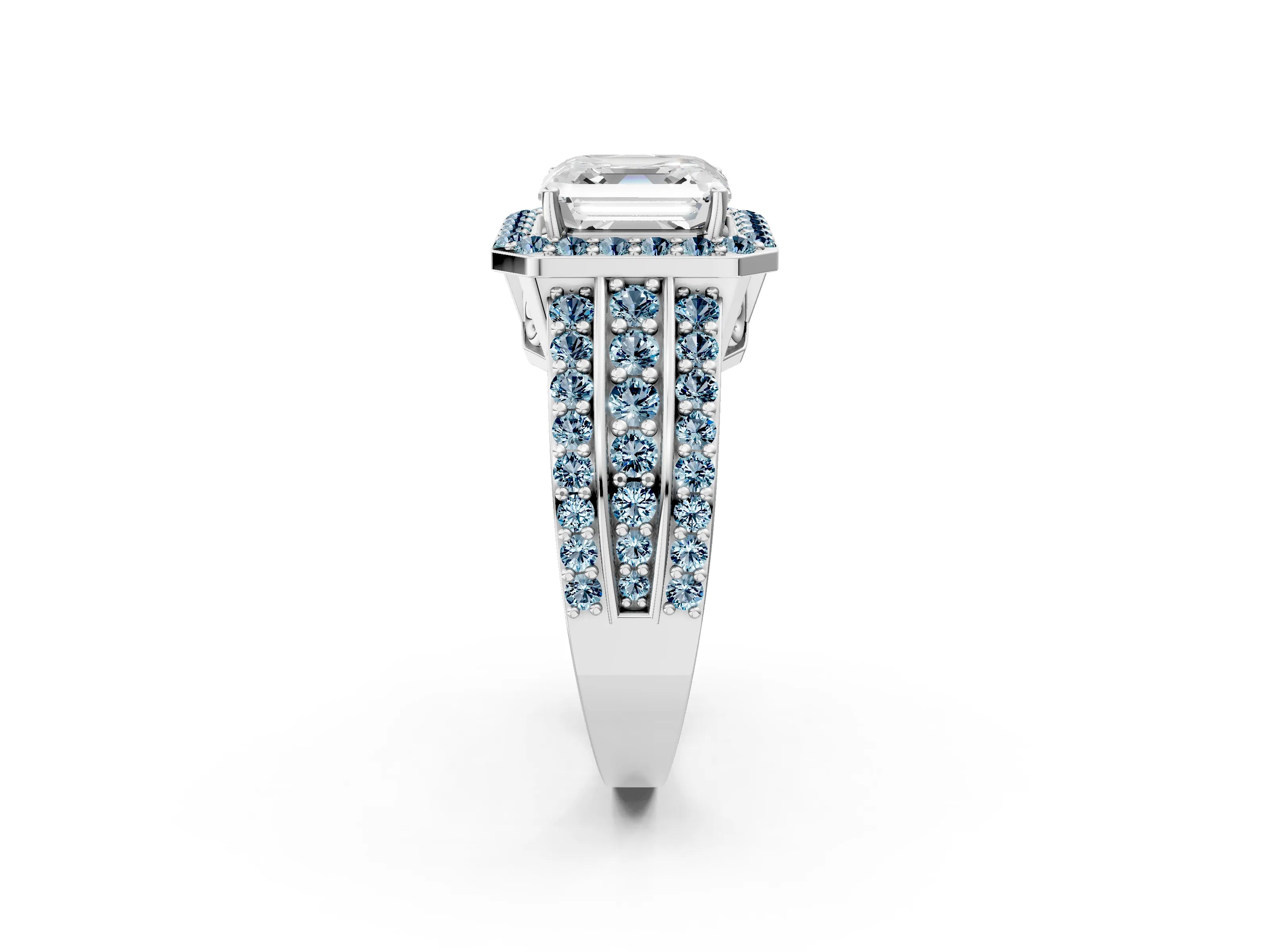 White gold Asscher Cut Halo Diamond Ring with Round with Aquamarine side stone Split Shank and Prong Setting_26