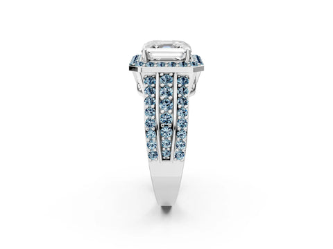 White gold Asscher Cut Halo Diamond Ring with Round with Aquamarine side stone Split Shank and Prong Setting_26