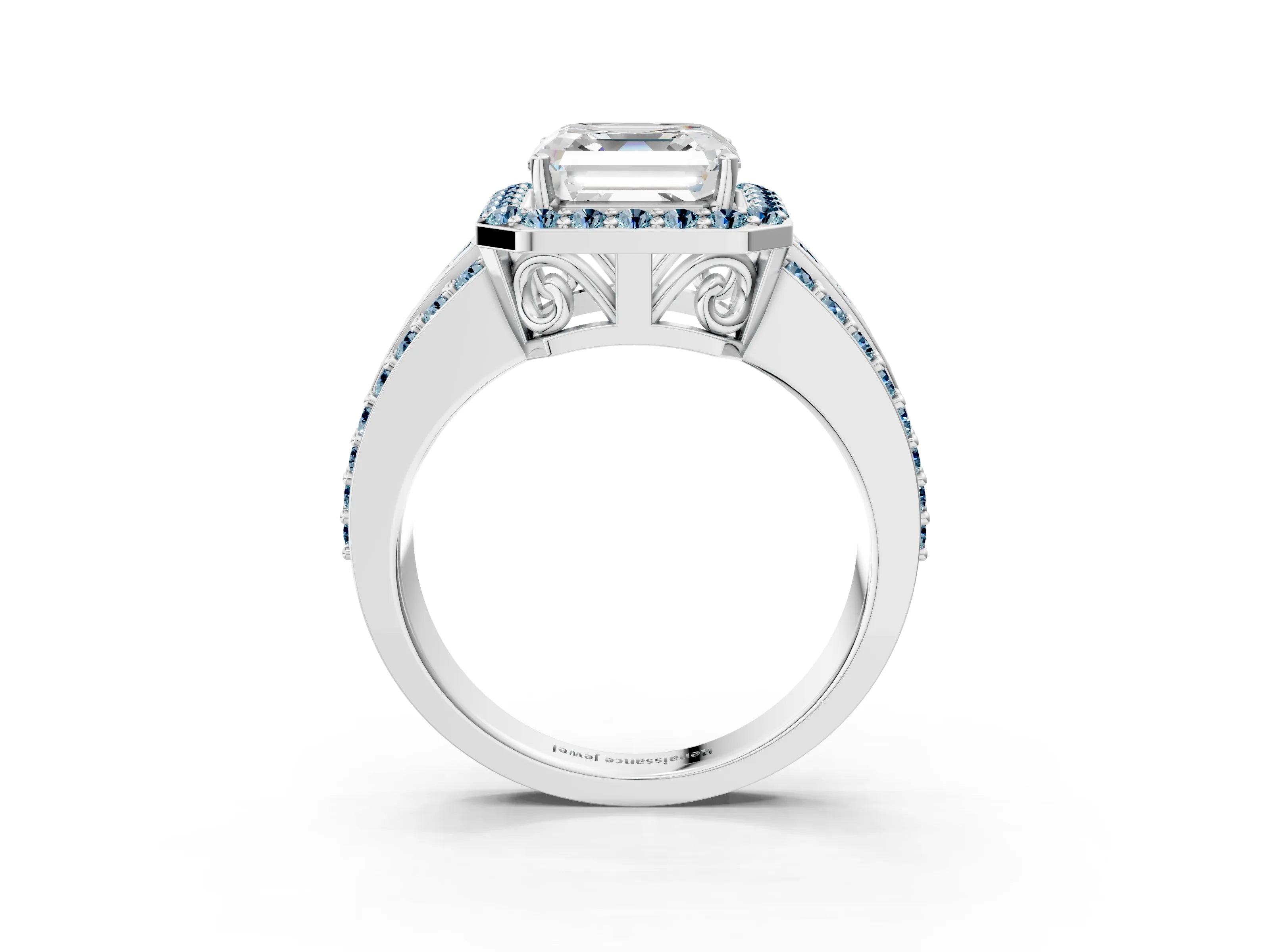 White gold Asscher Cut Halo Diamond Ring with Round with Aquamarine side stone Split Shank and Prong Setting_27