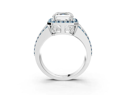 White gold Asscher Cut Halo Diamond Ring with Round with Aquamarine side stone Split Shank and Prong Setting_27