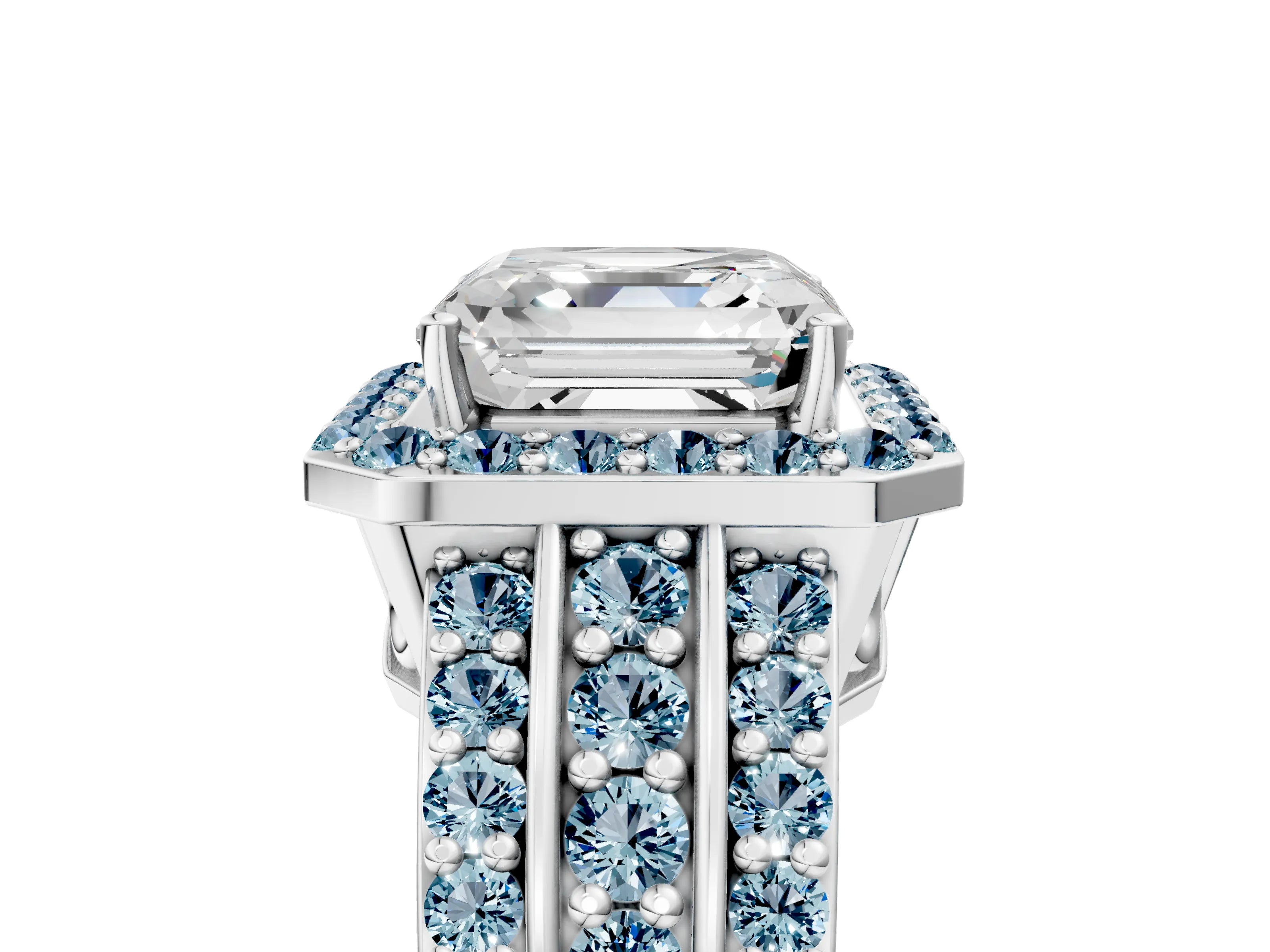 White gold Asscher Cut Halo Diamond Ring with Round with Aquamarine side stone Split Shank and Prong Setting_29