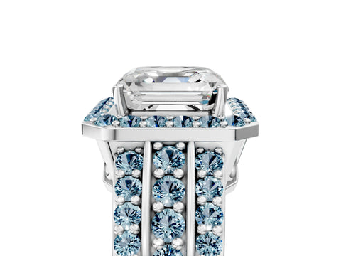 White gold Asscher Cut Halo Diamond Ring with Round with Aquamarine side stone Split Shank and Prong Setting_29