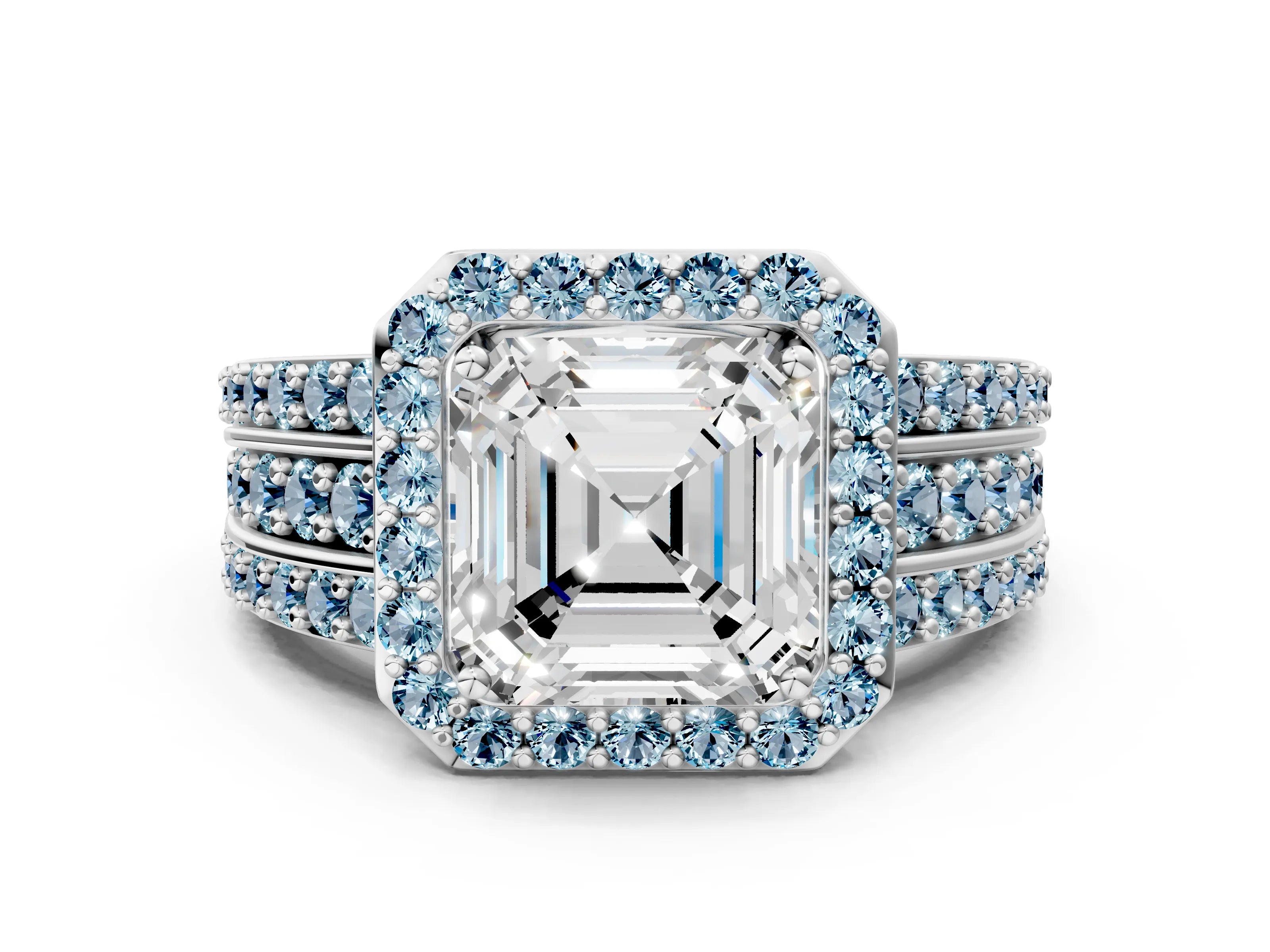 White gold Asscher Cut Halo Diamond Ring with Round with Aquamarine side stone Split Shank and Prong Setting_36
