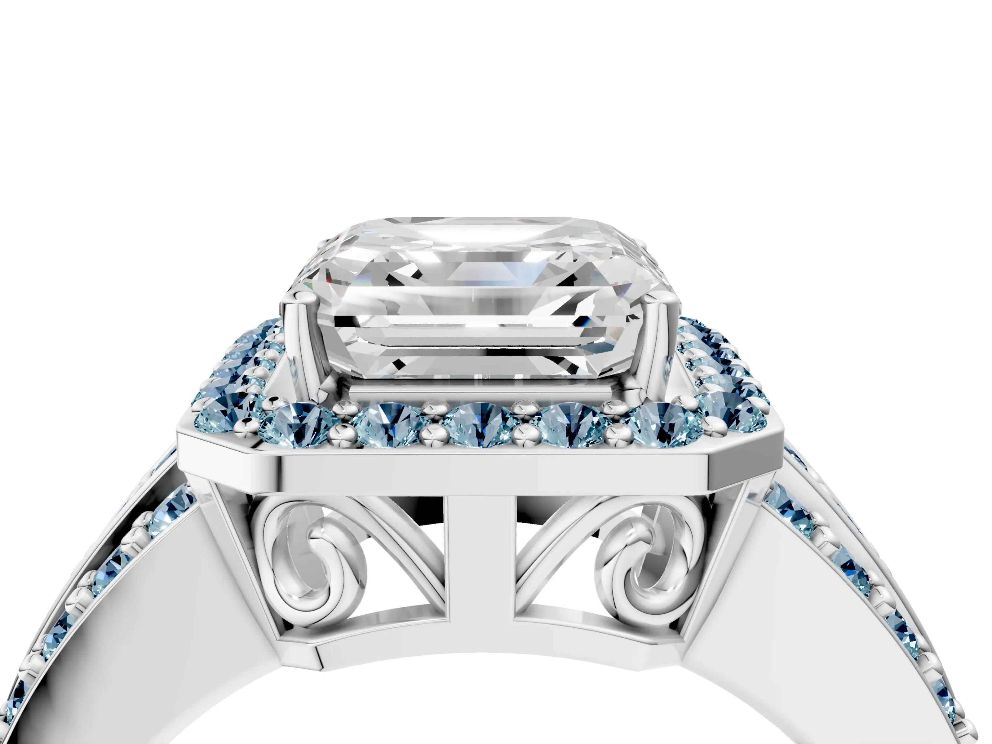 White gold Asscher Cut Halo Diamond Ring with Round with Aquamarine side stone Split Shank and Prong Setting_40