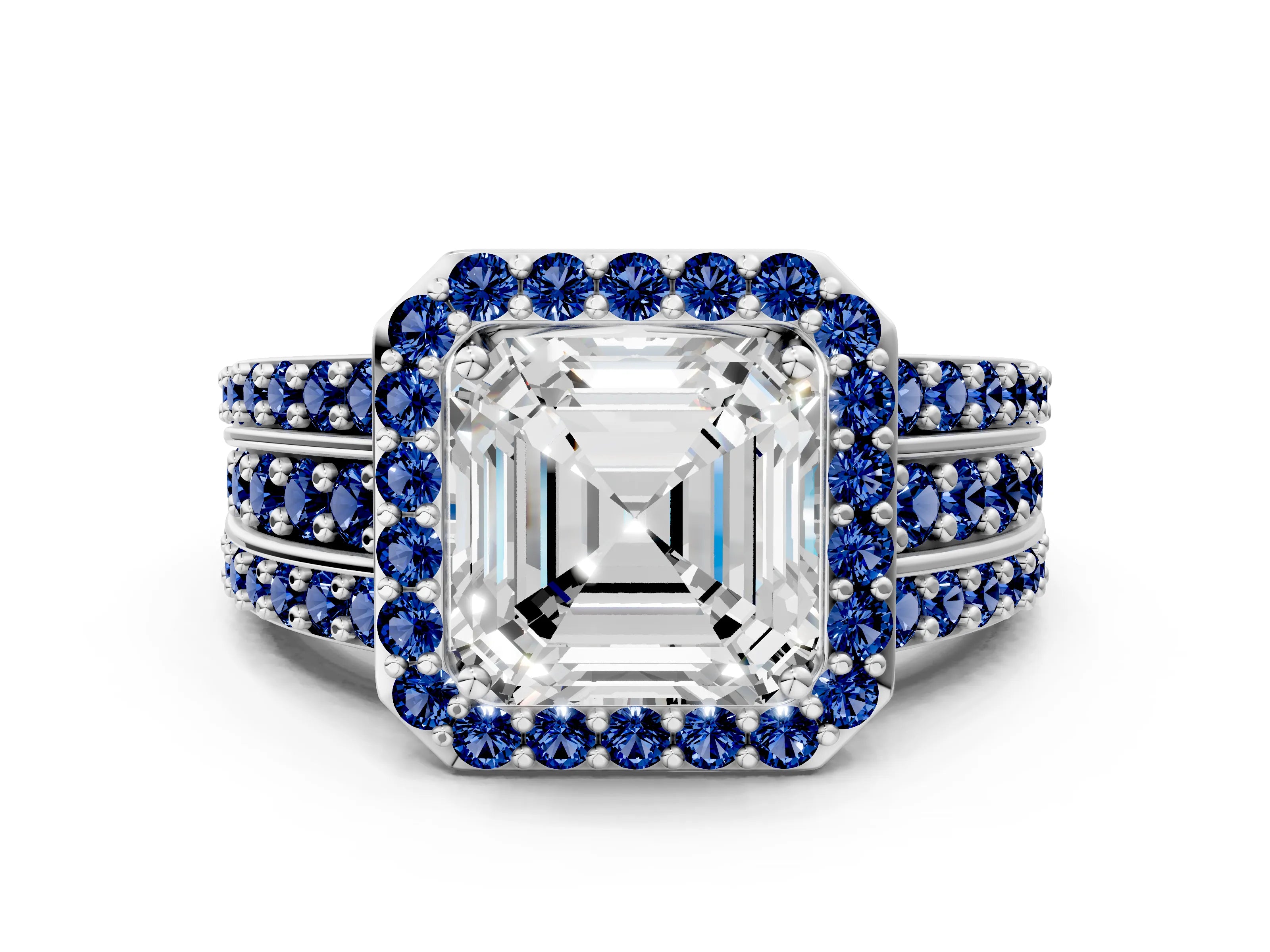 White gold Asscher Cut Halo Diamond Ring with Round with Blue Sapphire side stone Split Shank and Prong Setting_24