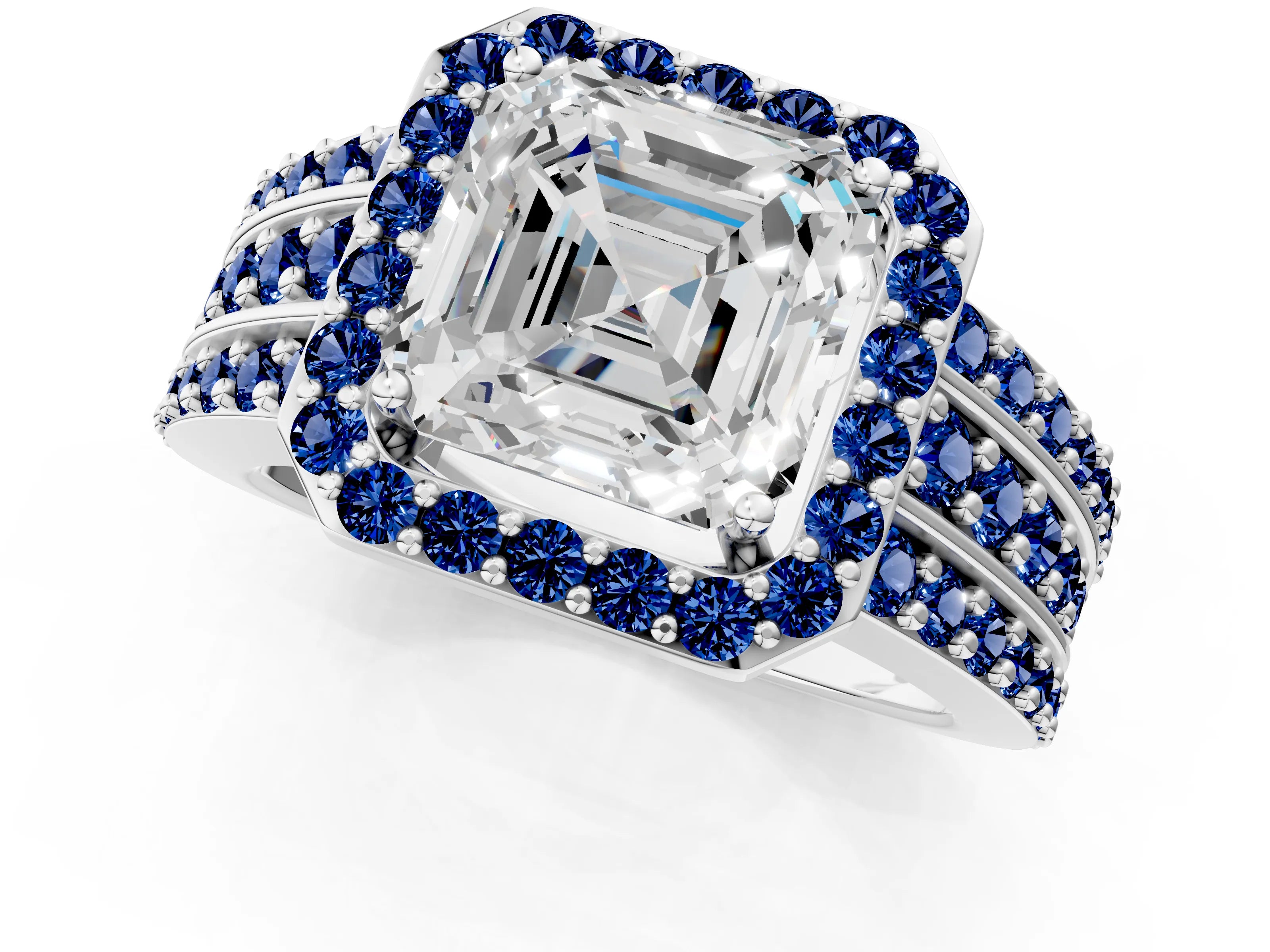White gold Asscher Cut Halo Diamond Ring with Round with Blue Sapphire side stone Split Shank and Prong Setting_25