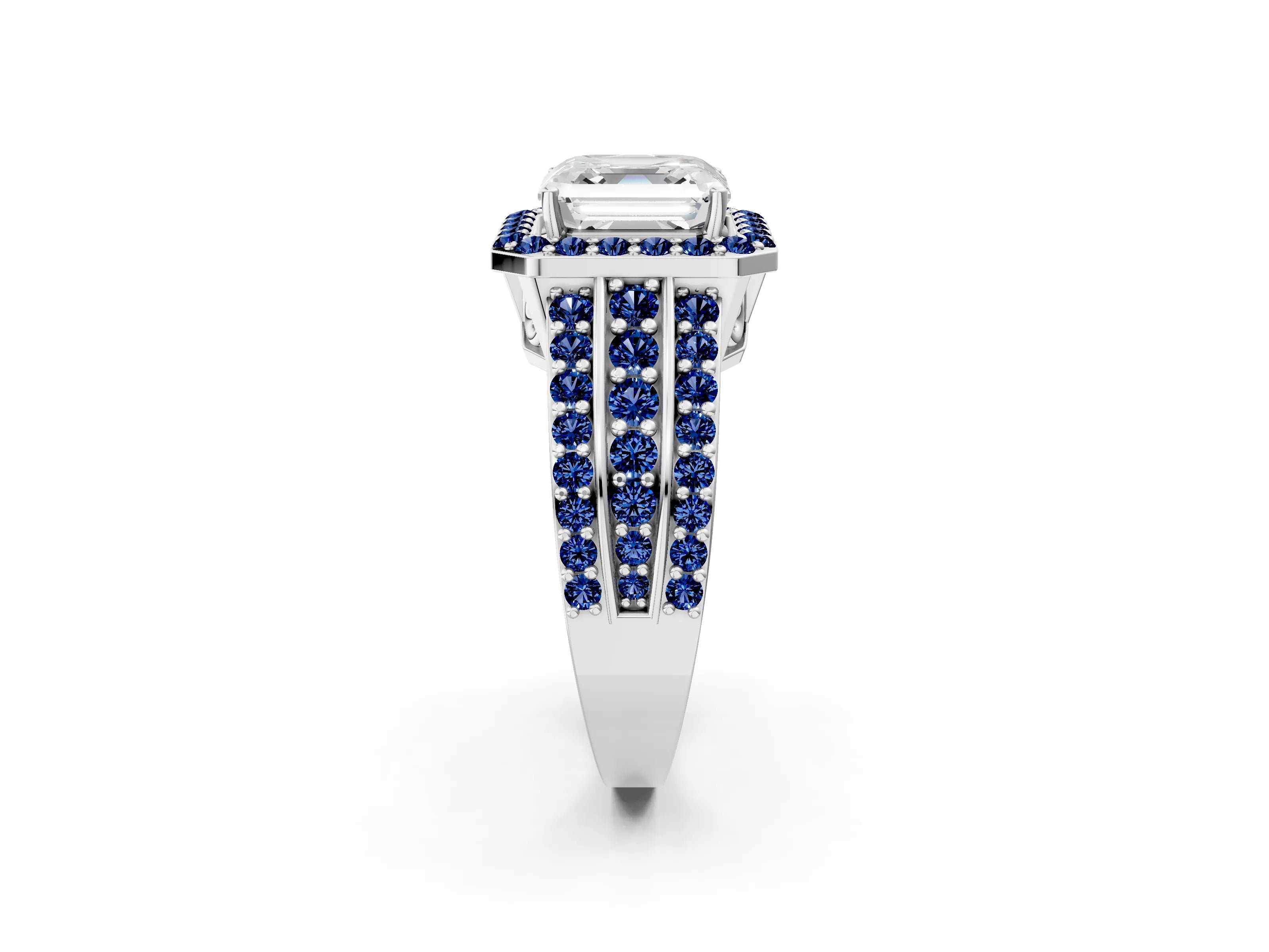 White gold Asscher Cut Halo Diamond Ring with Round with Blue Sapphire side stone Split Shank and Prong Setting_26
