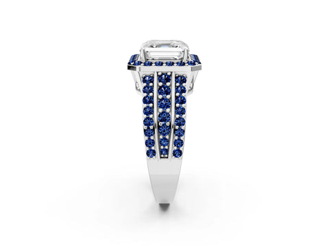 White gold Asscher Cut Halo Diamond Ring with Round with Blue Sapphire side stone Split Shank and Prong Setting_26
