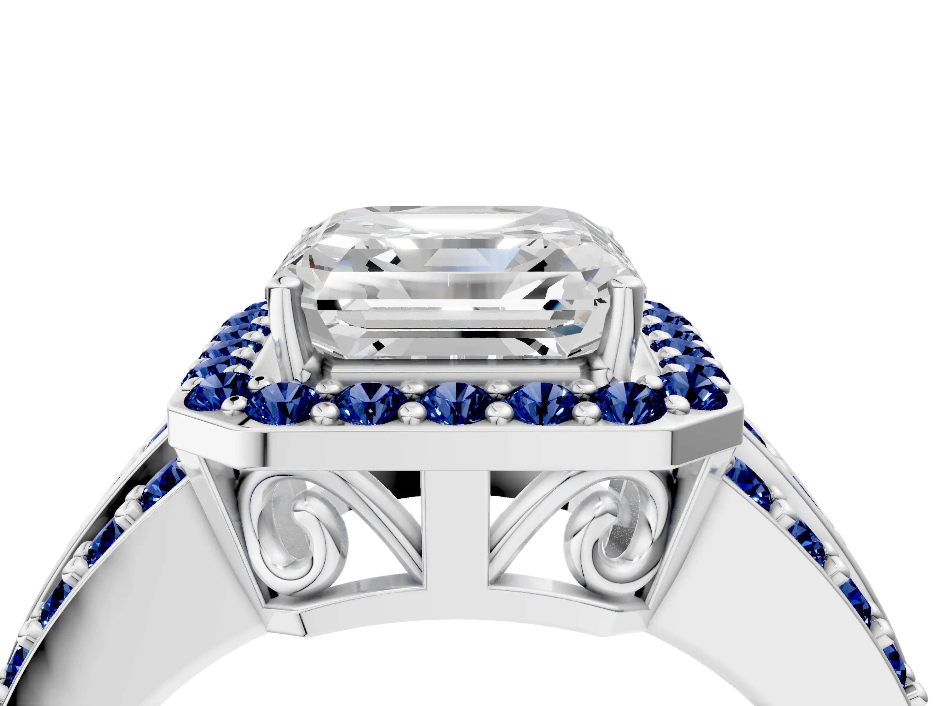 White gold Asscher Cut Halo Diamond Ring with Round with Blue Sapphire side stone Split Shank and Prong Setting_28