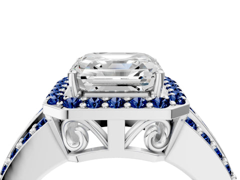 White gold Asscher Cut Halo Diamond Ring with Round with Blue Sapphire side stone Split Shank and Prong Setting_28