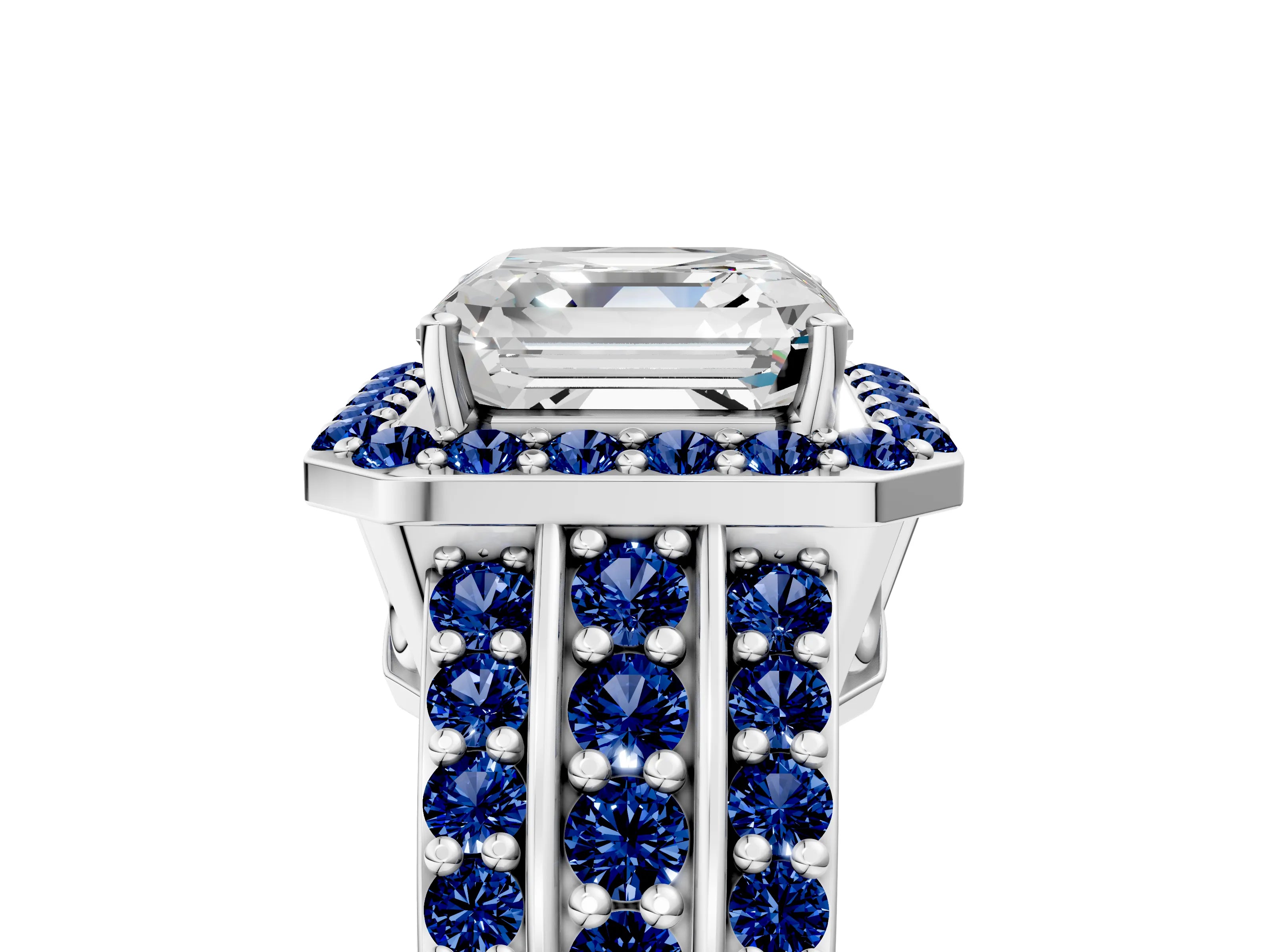 White gold Asscher Cut Halo Diamond Ring with Round with Blue Sapphire side stone Split Shank and Prong Setting_29