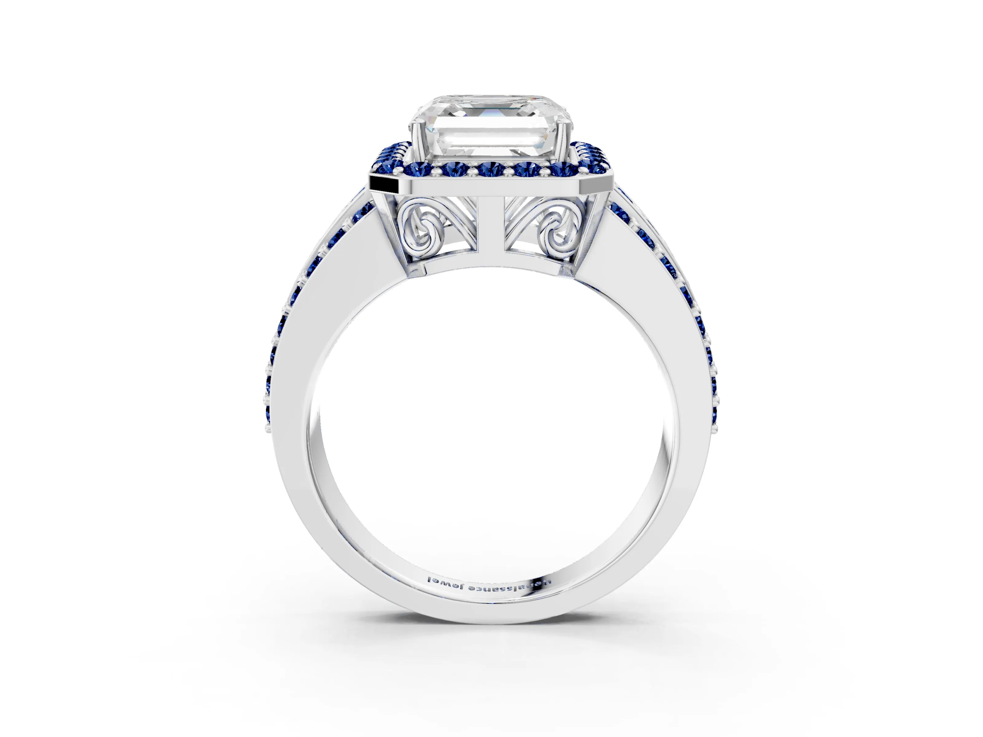 White gold Asscher Cut Halo Diamond Ring with Round with Blue Sapphire side stone Split Shank and Prong Setting_39