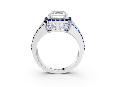 White gold Asscher Cut Halo Diamond Ring with Round with Blue Sapphire side stone Split Shank and Prong Setting_39