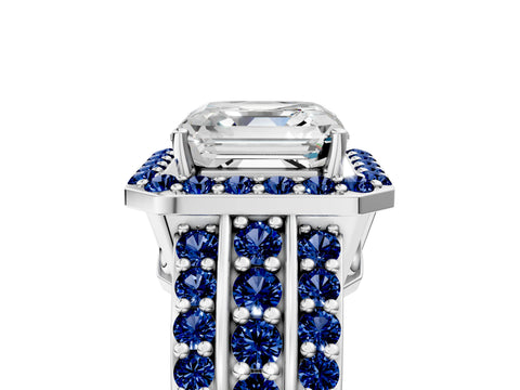 White gold Asscher Cut Halo Diamond Ring with Round with Blue Sapphire side stone Split Shank and Prong Setting_41