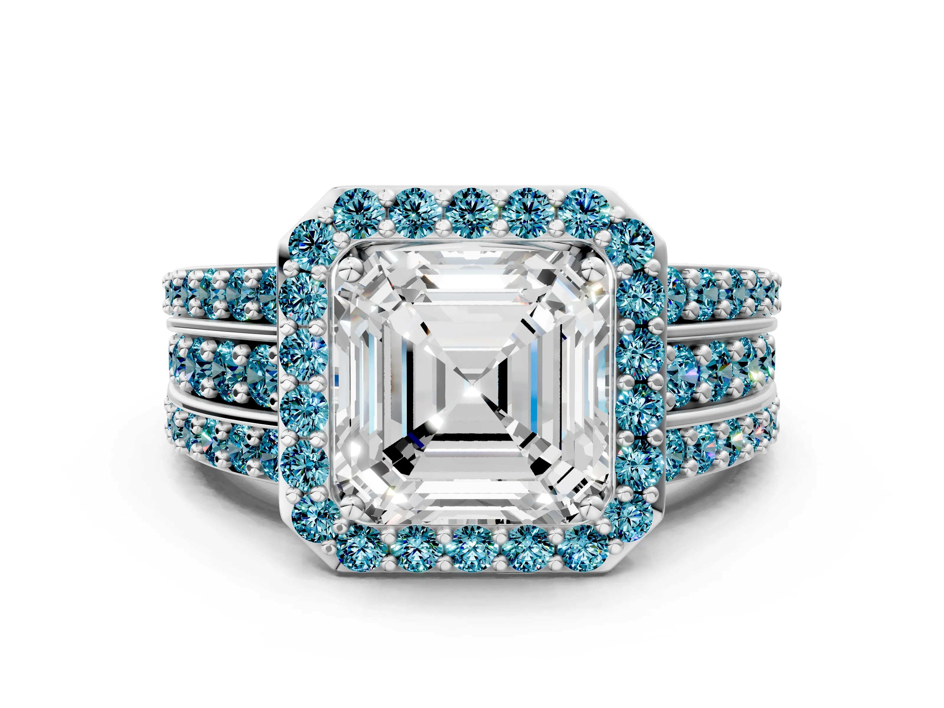 White gold Asscher Cut Halo Diamond Ring with Round with Blue Topaz side stone Split Shank and Prong Setting_36