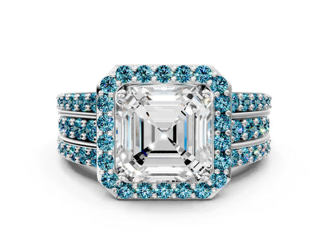 White gold Asscher Cut Halo Diamond Ring with Round with Blue Topaz side stone Split Shank and Prong Setting_36