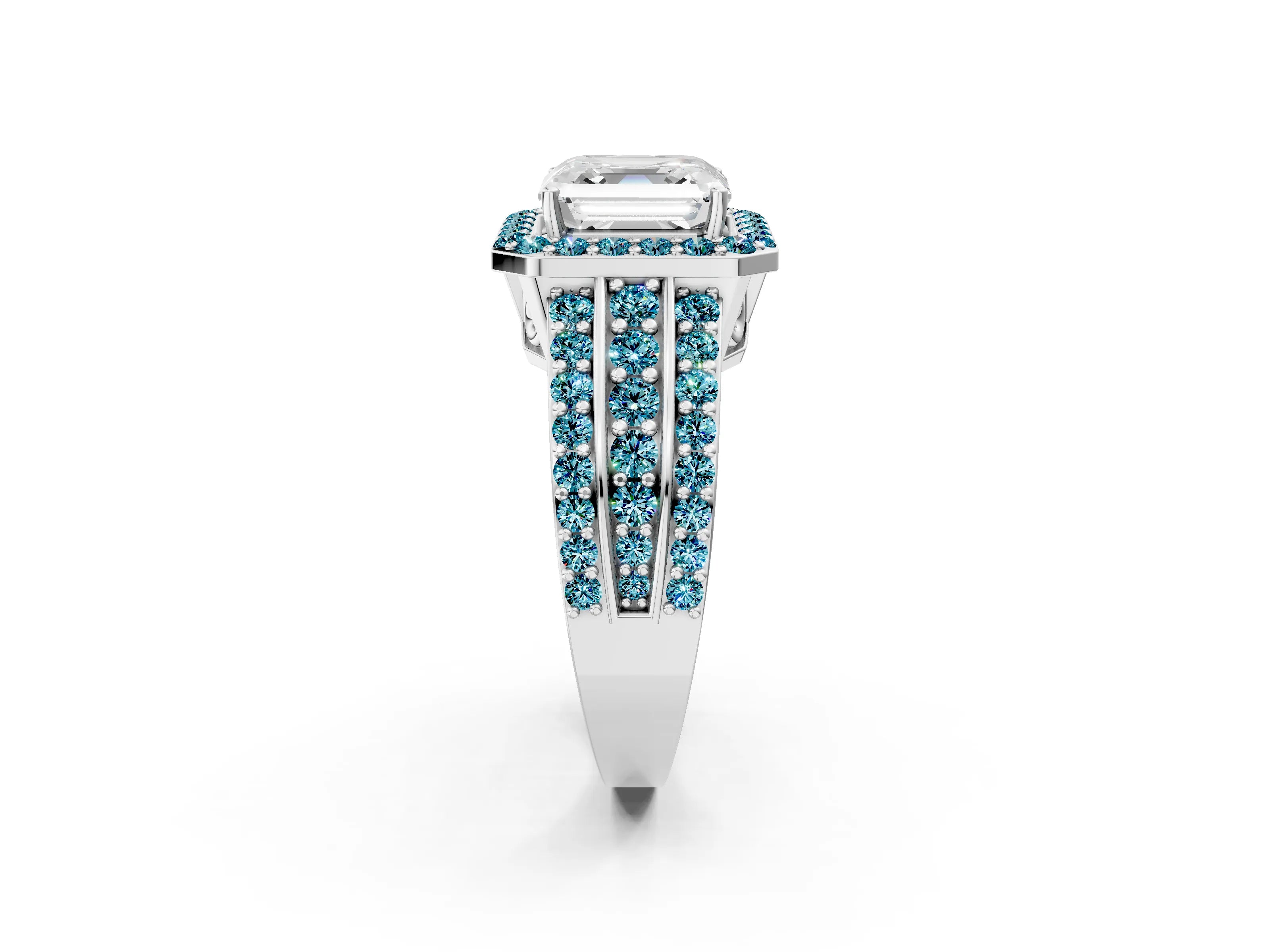 White gold Asscher Cut Halo Diamond Ring with Round with Blue Topaz side stone Split Shank and Prong Setting_38