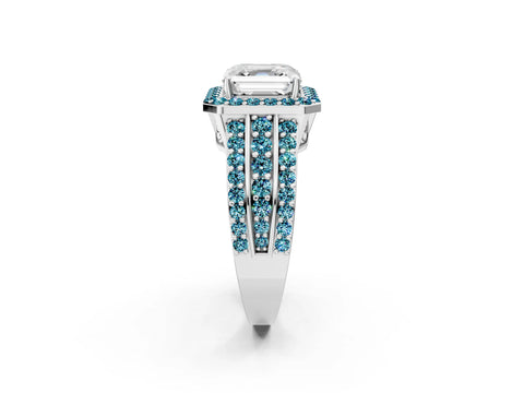 White gold Asscher Cut Halo Diamond Ring with Round with Blue Topaz side stone Split Shank and Prong Setting_38