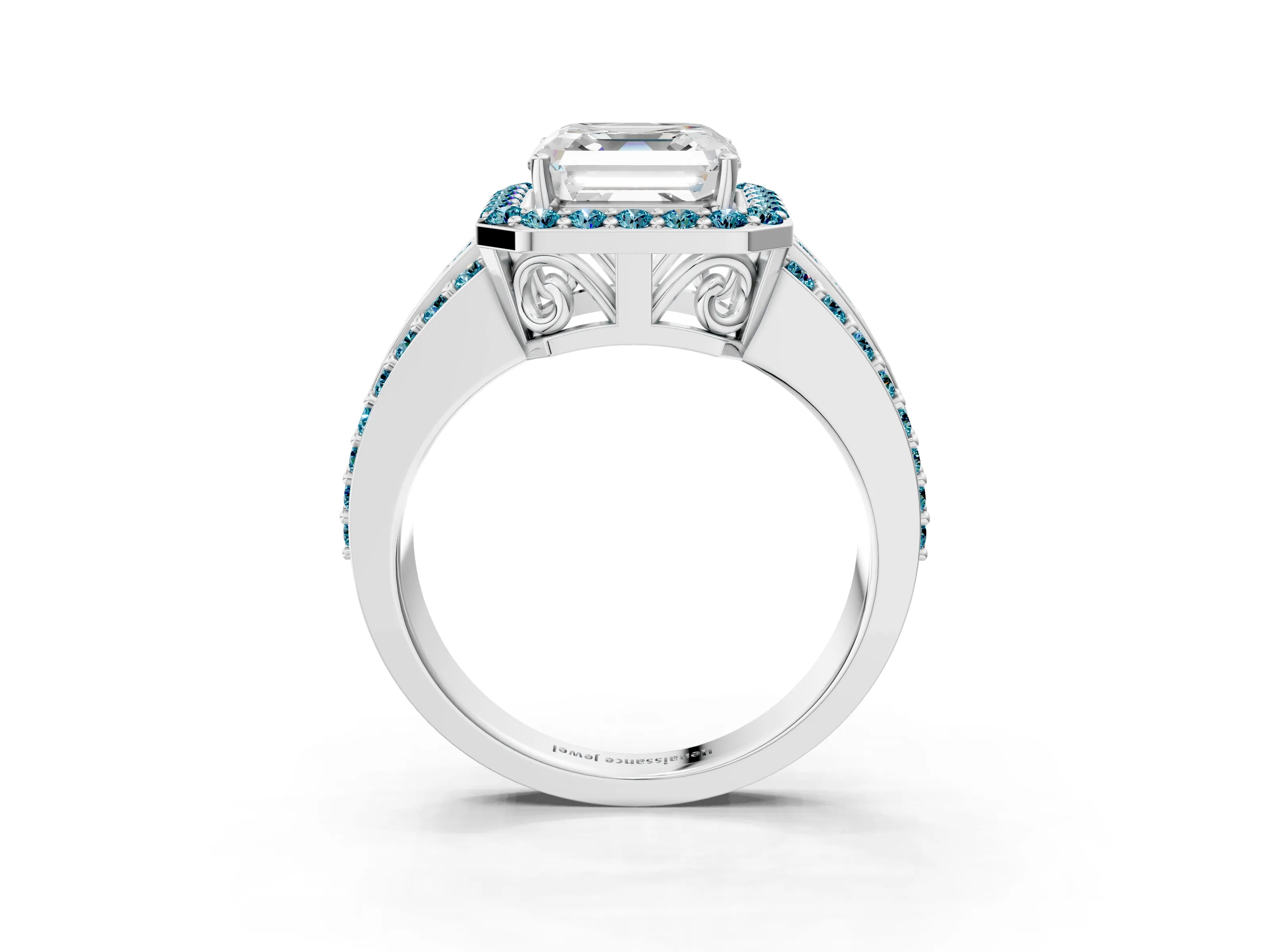 White gold Asscher Cut Halo Diamond Ring with Round with Blue Topaz side stone Split Shank and Prong Setting_39