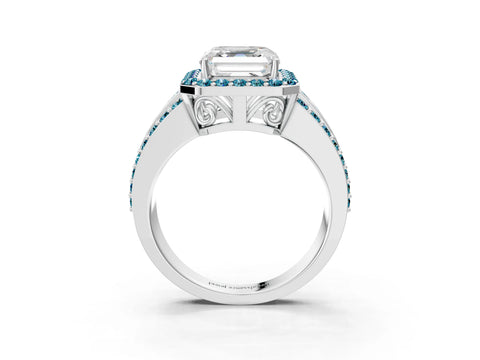 White gold Asscher Cut Halo Diamond Ring with Round with Blue Topaz side stone Split Shank and Prong Setting_39