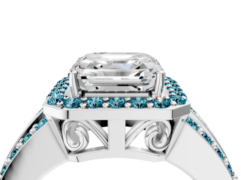 White gold Asscher Cut Halo Diamond Ring with Round with Blue Topaz side stone Split Shank and Prong Setting_40