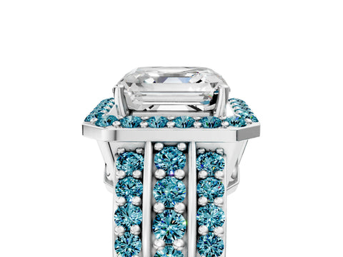 White gold Asscher Cut Halo Diamond Ring with Round with Blue Topaz side stone Split Shank and Prong Setting_41