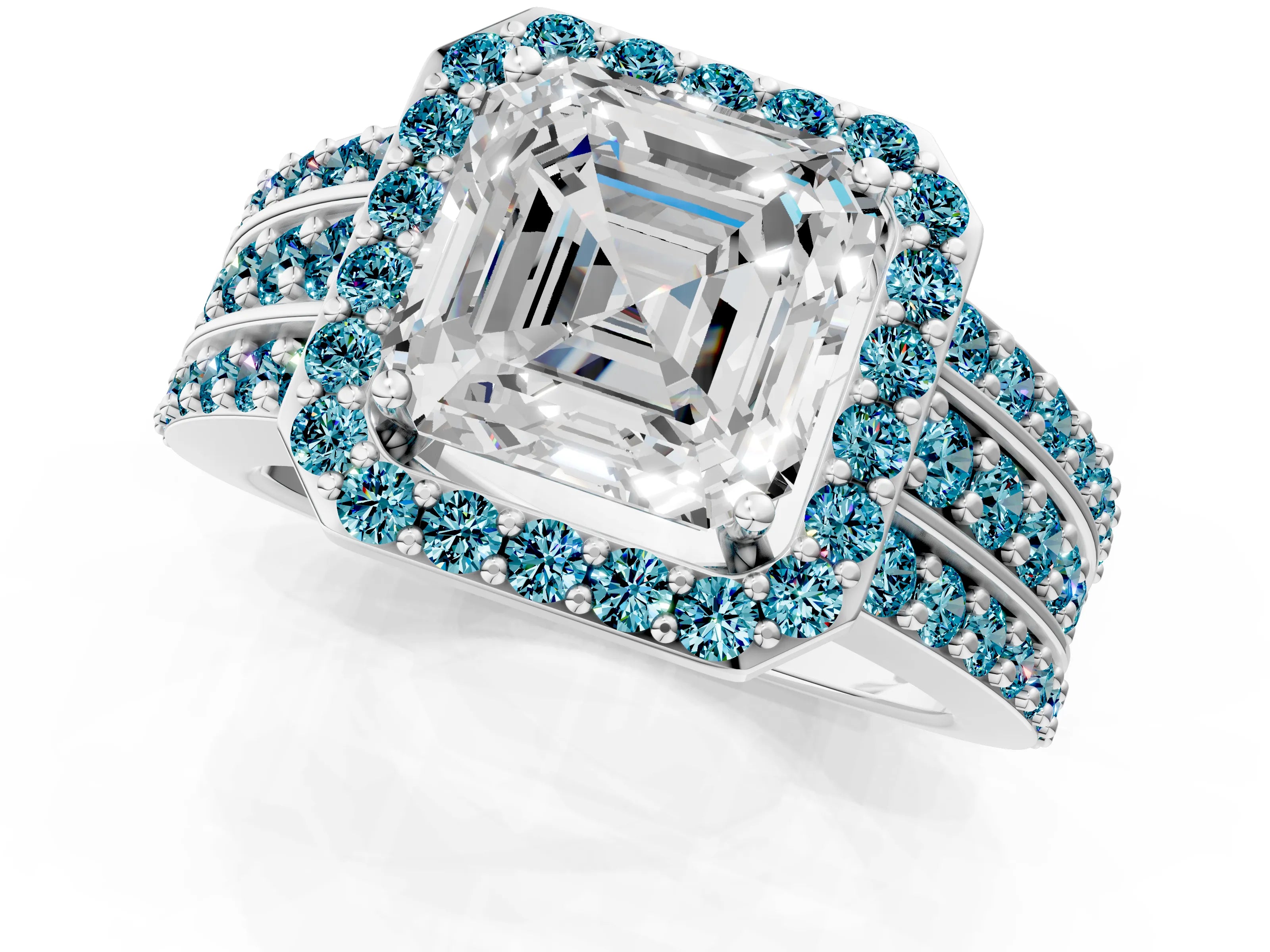 White gold Asscher Cut Halo Diamond Ring with Round with Blue Topaz side stone Split Shank and Prong Setting_49