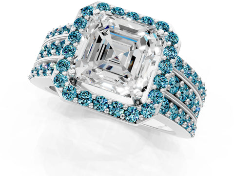 White gold Asscher Cut Halo Diamond Ring with Round with Blue Topaz side stone Split Shank and Prong Setting_49