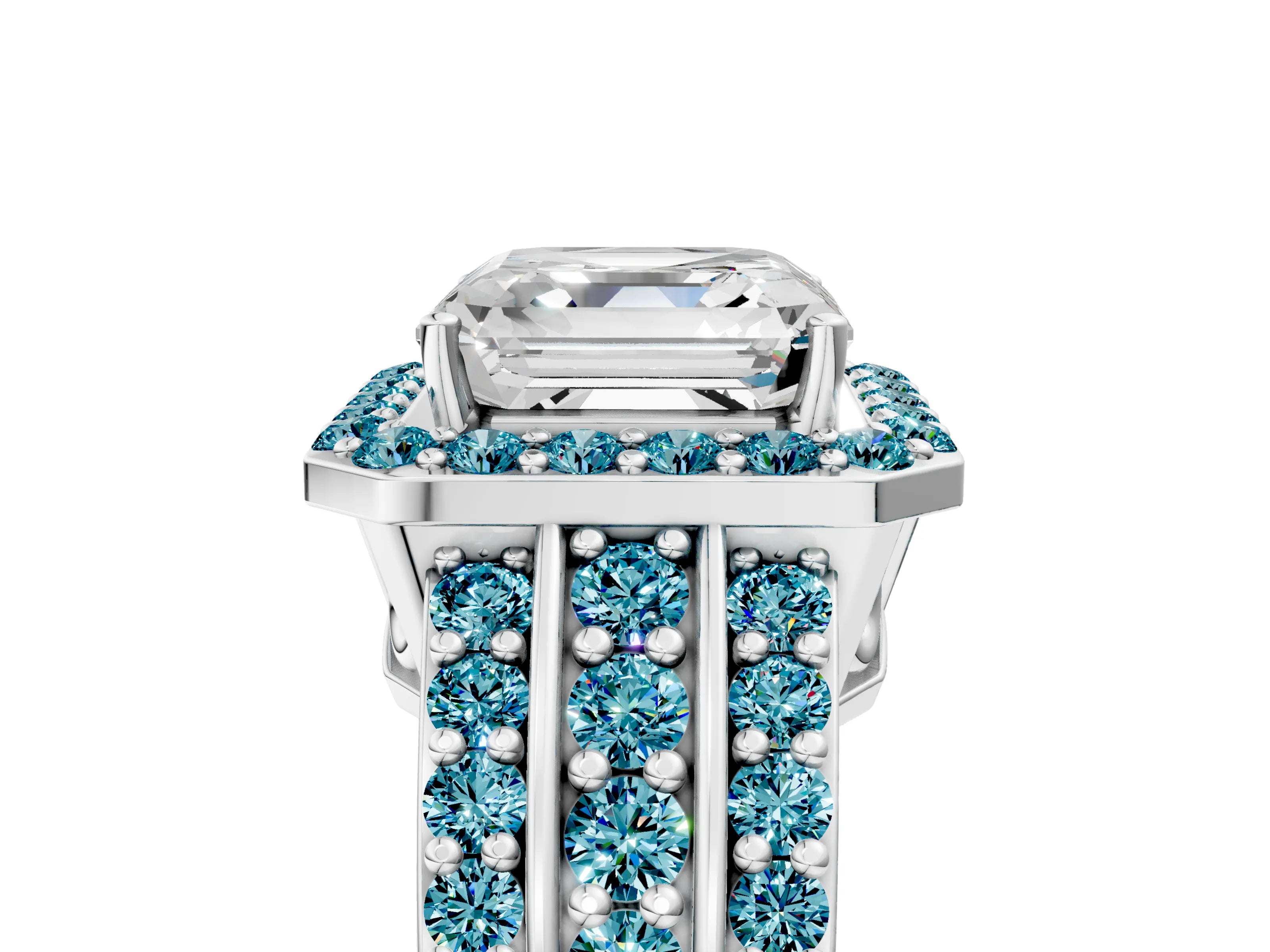 White gold Asscher Cut Halo Diamond Ring with Round with Blue Topaz side stone Split Shank and Prong Setting_53