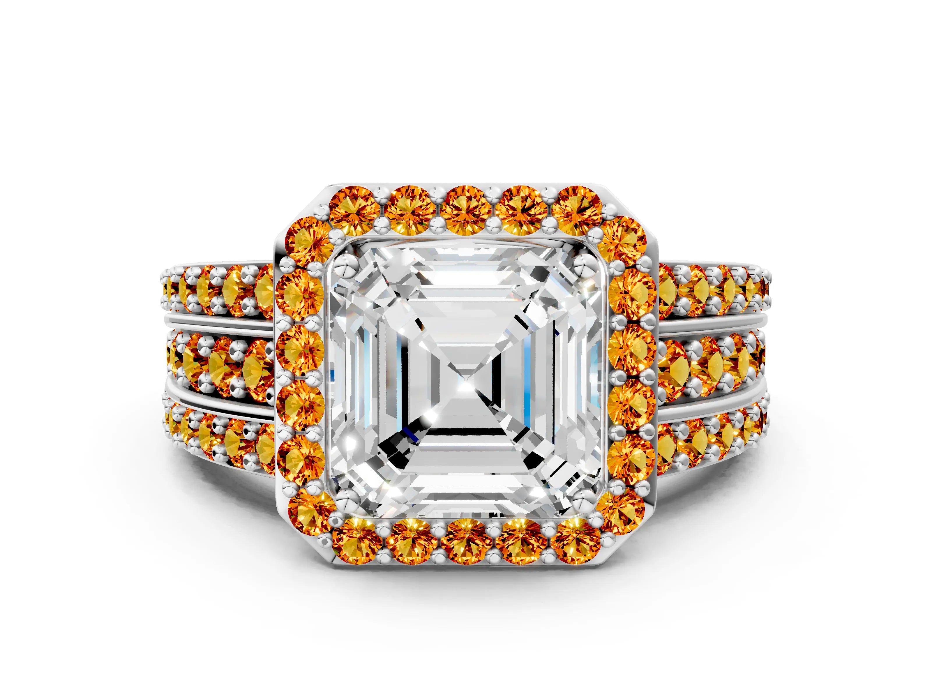 White gold Asscher Cut Halo Diamond Ring with Round with Citrine side stone Split Shank and Prong Setting_12