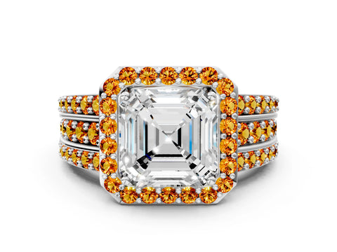 White gold Asscher Cut Halo Diamond Ring with Round with Citrine side stone Split Shank and Prong Setting_12