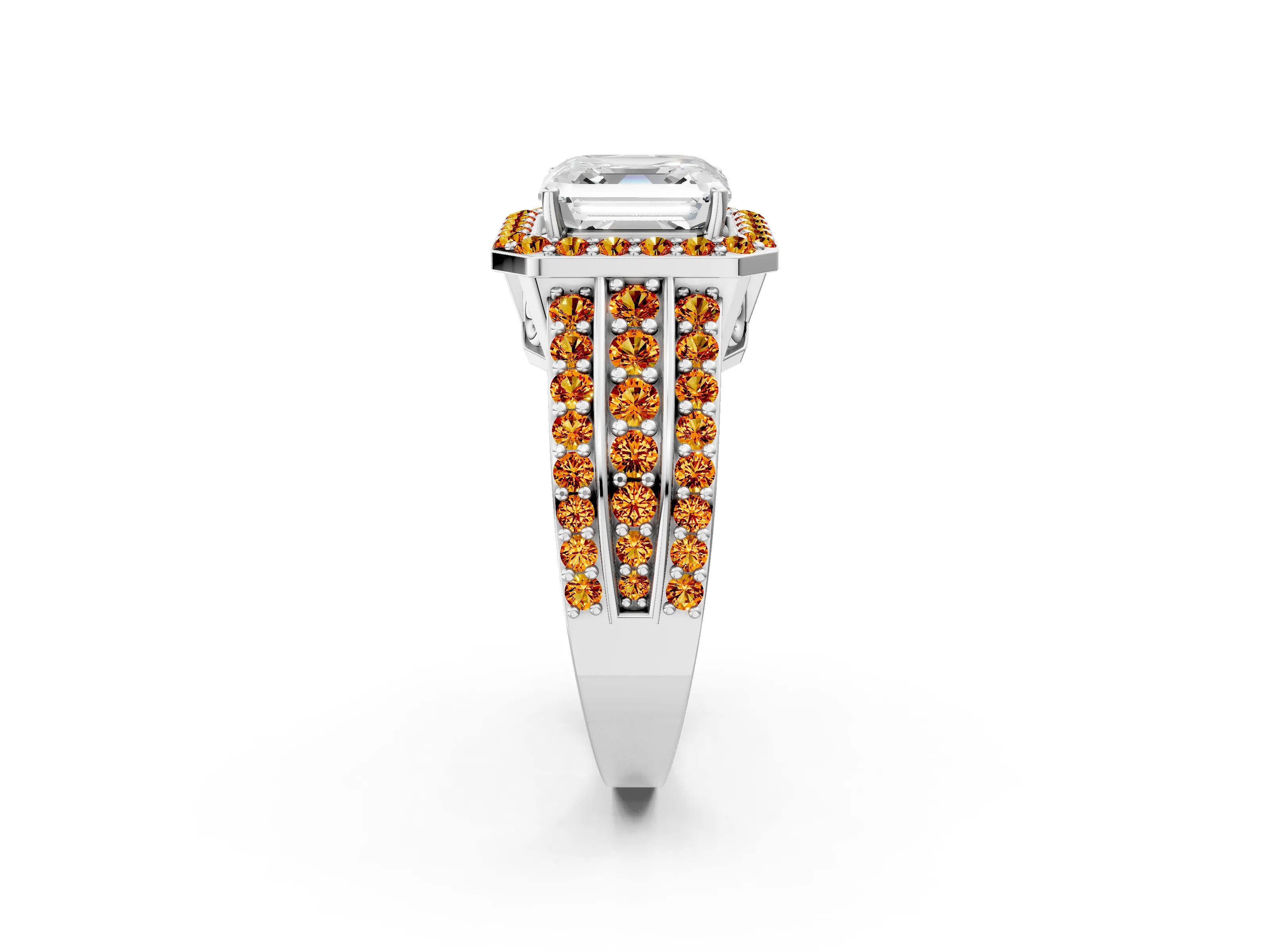 White gold Asscher Cut Halo Diamond Ring with Round with Citrine side stone Split Shank and Prong Setting_14
